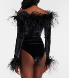Oséree Feather-trimmed velvet bodysuit