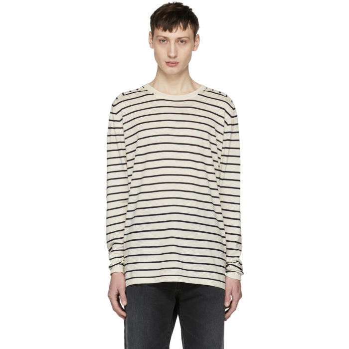 Photo: nonnative Off-White and Navy Striped Manager Sweater
