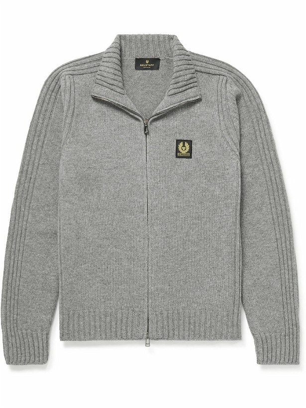 Photo: Belstaff - Logo-Appliquéd Ribbed Wool Zip-Up Sweater - Gray