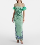 Là Fuori Embellished feather-trimmed gown