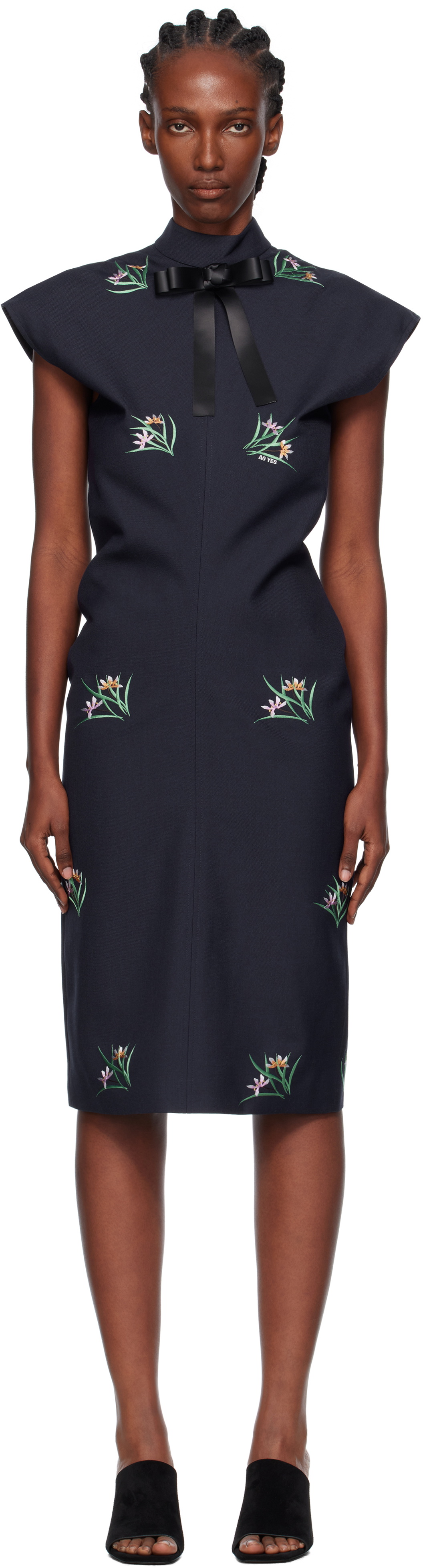 AO Yes Navy Embroidery Bias Cut Midi Dress