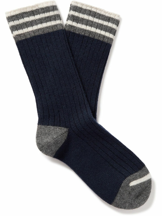 Photo: Brunello Cucinelli - Striped Ribbed Cashmere Socks - Blue