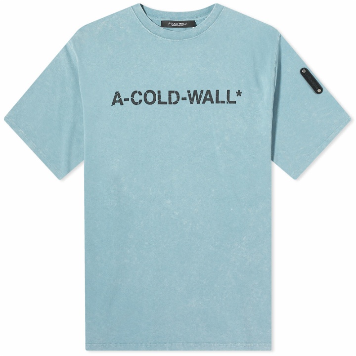 Photo: A-COLD-WALL* Men's Overdye Logo T-Shirt in Faded Teal