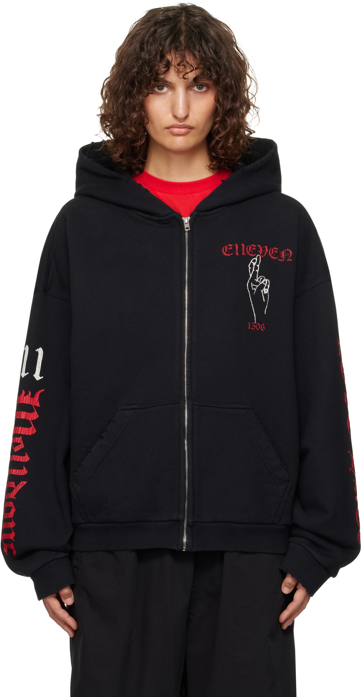 トップス WE11DONE Elleven hoodie We11done Black 'Elleven' Zip-up Hoodie We11done