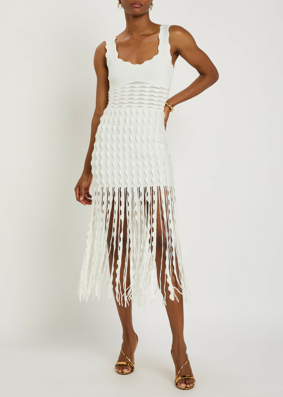 Simkhai Brionne Scalloped Knit Midi Dress Ivory