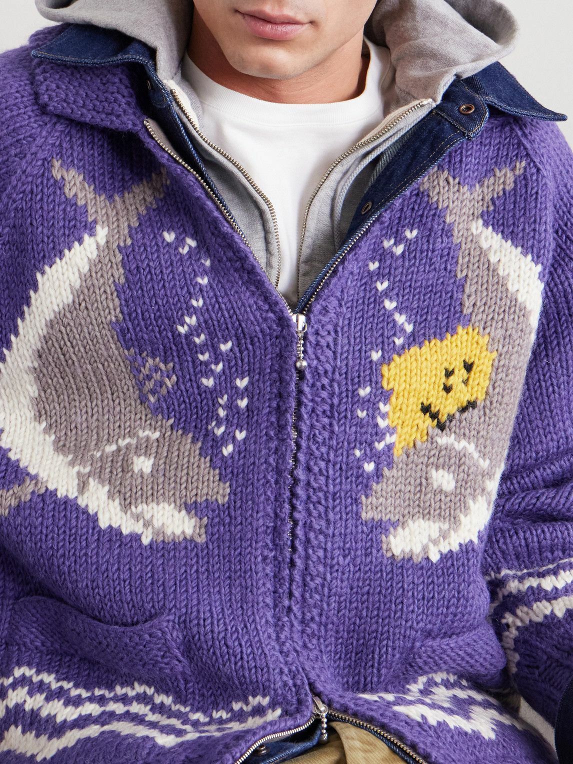 KAPITAL - Intarsia Wool Zip-Up Cardigan - Purple KAPITAL
