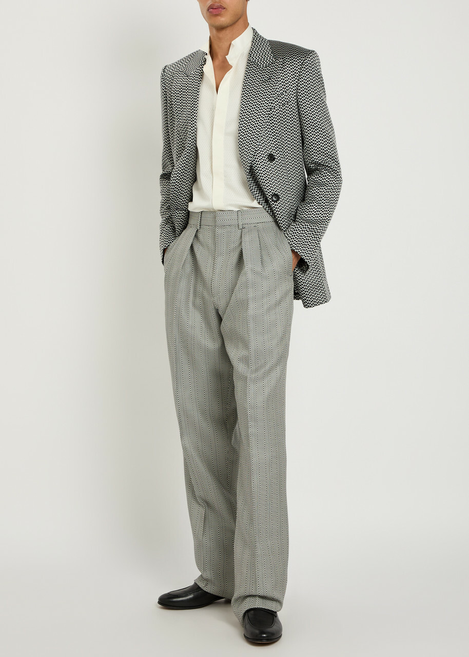Tom Ford Herringbone Tapered-leg Silk Trousers Black And White