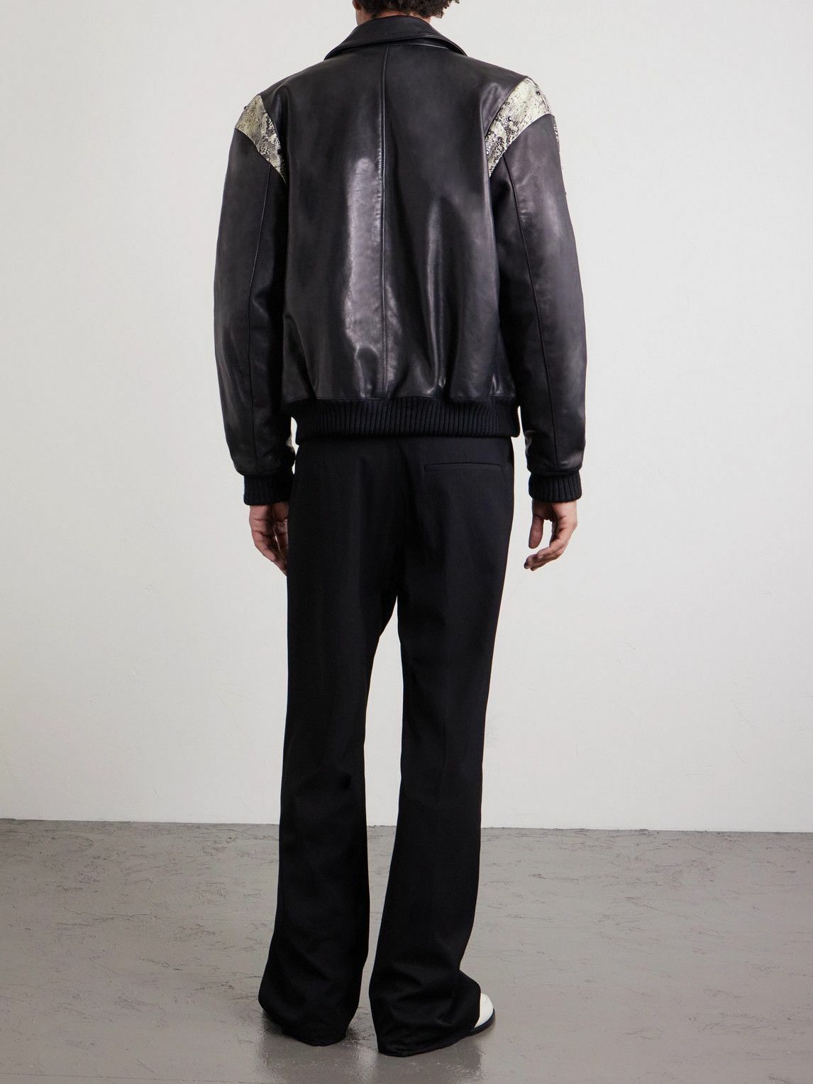 AMIRI - Bones Snake-Effect Panelled Studded Logo-Embroidered Leather Jacket - Black