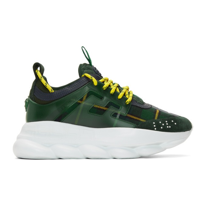 Photo: Versace Green and Yellow Plaid Chain Reaction Sneakers