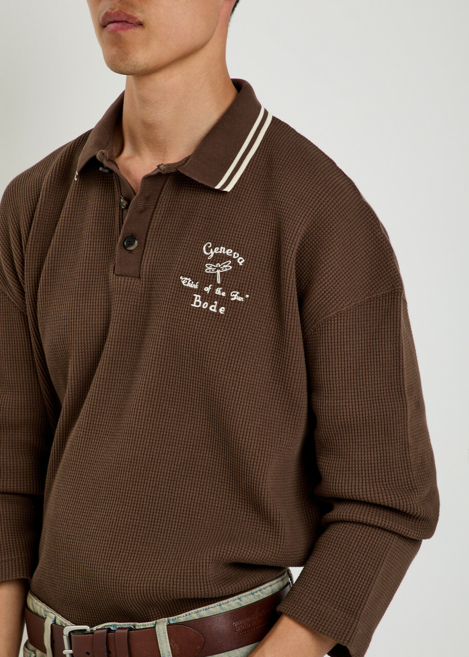 Bode Geneva Logo-embroidered Waffle Polo Shirt Dark Brown
