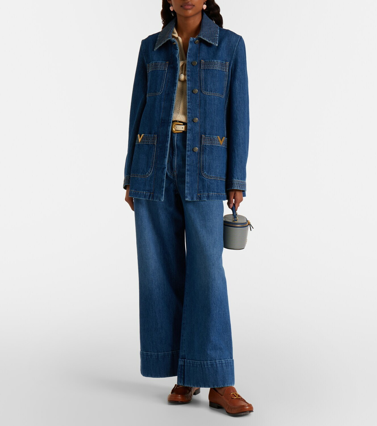 Valentino Leather-trimmed wide-leg jeans