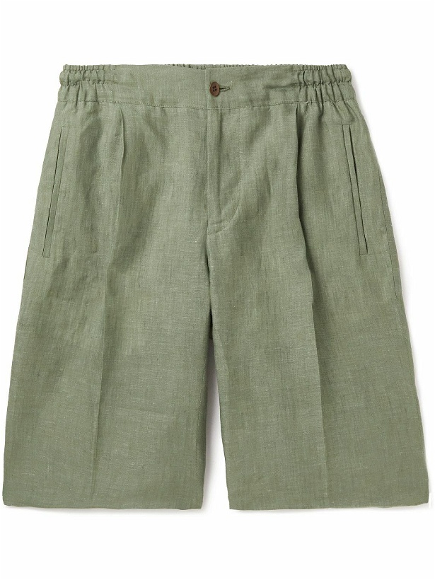Photo: Kiton - Straight-Leg Pleated Linen Drawstring Shorts - Green