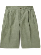 Kiton - Straight-Leg Pleated Linen Drawstring Shorts - Green