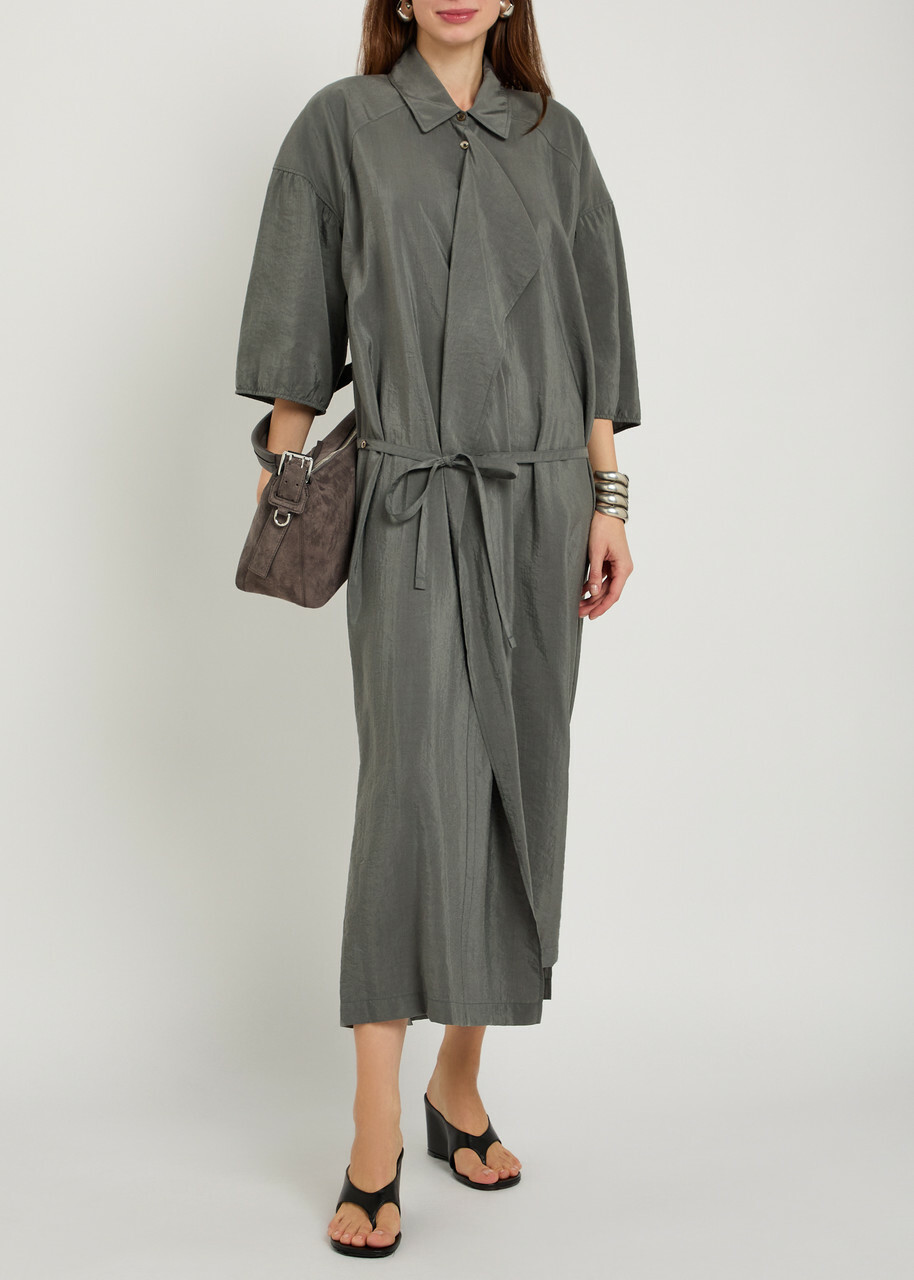 Lemaire Belted Brushed Silk-blend Midi Shirt Dress Grey