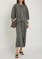 Lemaire Belted Brushed Silk-blend Midi Shirt Dress Grey