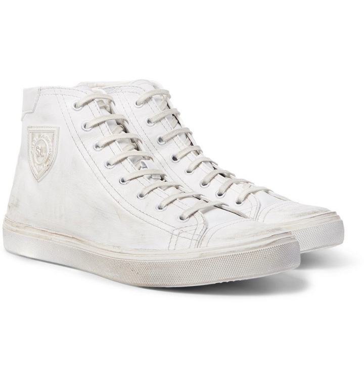 Photo: Saint Laurent - Bedford Distressed Leather High-Top Sneakers - Men - White