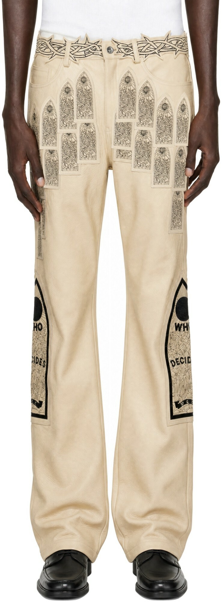 Who Decides War Beige Patched Arch Embroidered Leather Trousers