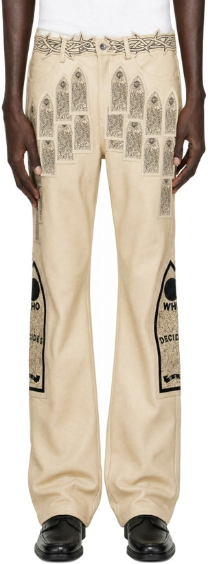 Photo: Who Decides War Beige Patched Arch Embroidered Leather Trousers