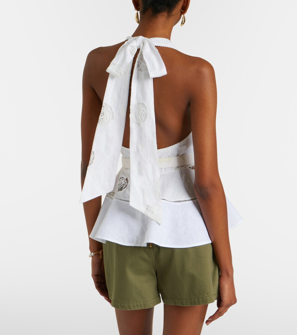Self-Portrait Broderie anglaise peplum linen and cotton top