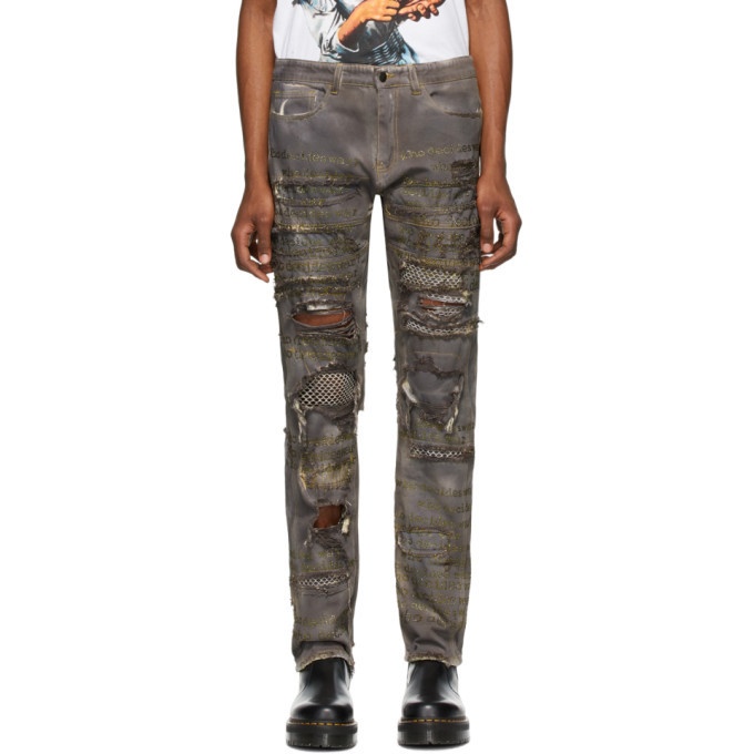 Photo: Who Decides War by MRDR BRVDO SSENSE Exclusive Purple Rhinestone Text Jeans
