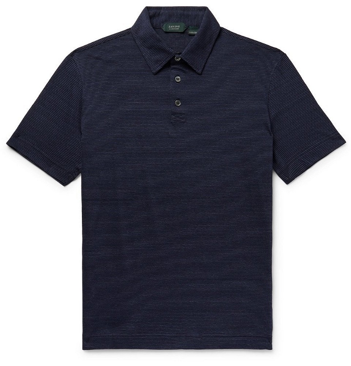 Photo: Incotex - Slim-Fit Striped Linen and Cotton-Blend Polo Shirt - Navy