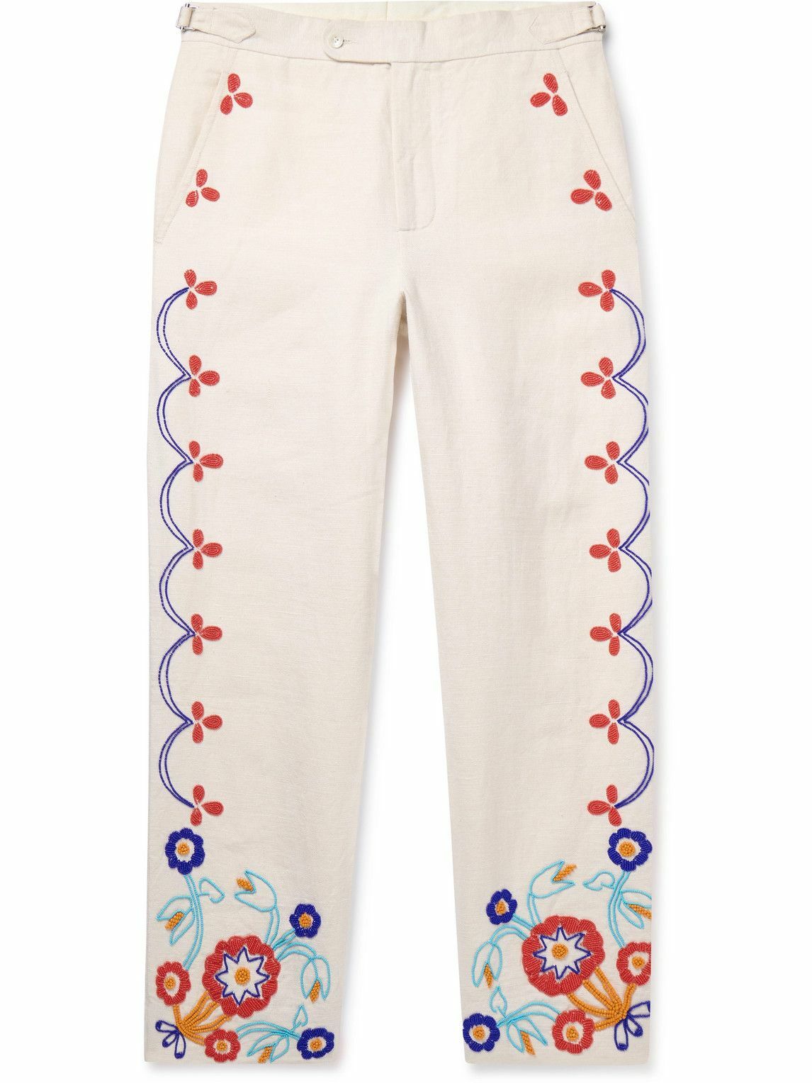 BODE - Garden Party Straight-Leg Bead-Embellished Linen Trousers - Neutrals