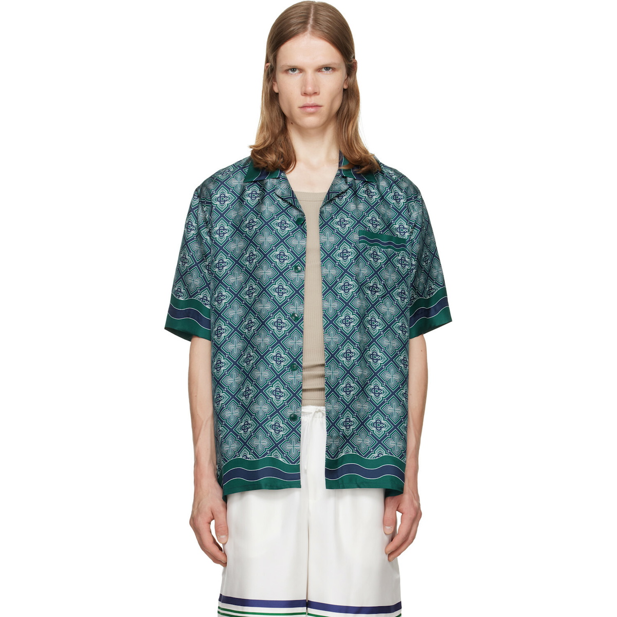 Casablanca Green Radiating Monogram Short Sleeve Silk Shirt