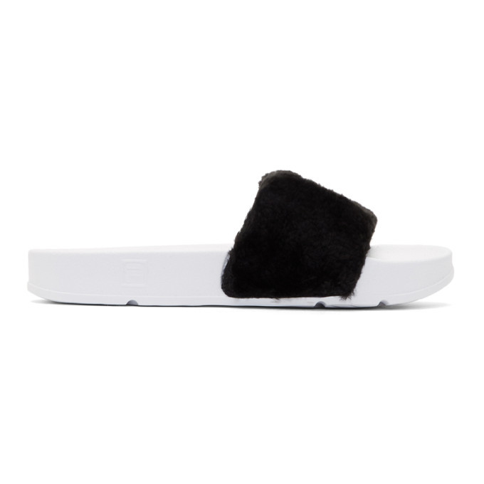 Photo: Baja East Black and White Fila Edition Shearling Drifter Slides