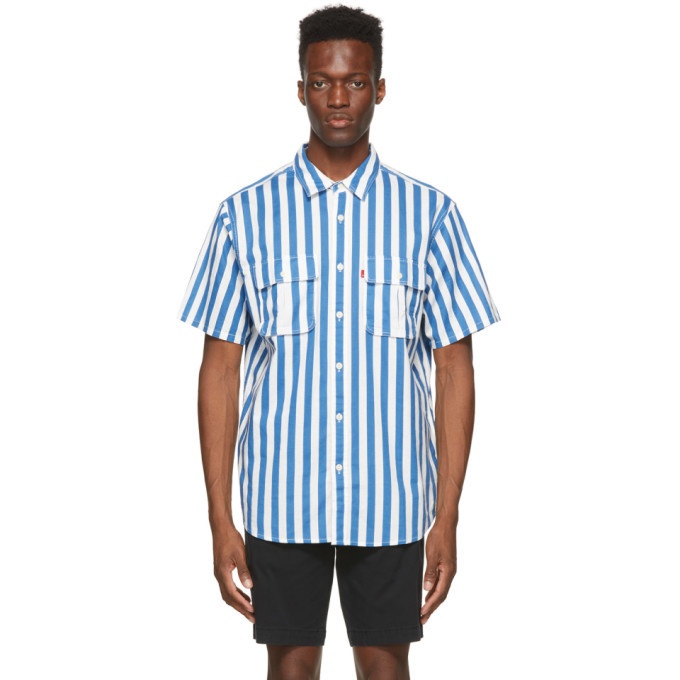 Photo: Levis Blue and White Striped Two Pocket Relaxed Safari Short Sleeve Shirt