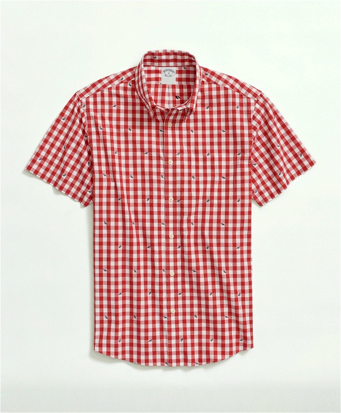 Photo: Brooks Brothers Men's Washed Cotton Poplin Button-Down Collar, Embroidered Gingham, Short-Sleeve Sport Shirt