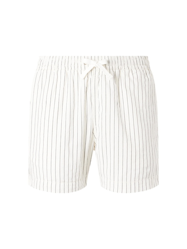 Photo: Drake's - Straight-Leg Striped Cotton and Linen-Blend Drawstring Shorts - White