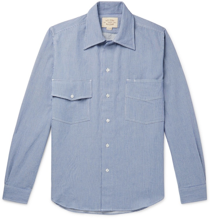 Photo: Holiday Boileau - Logo-Embroidered Pinstriped Cotton Shirt - Blue