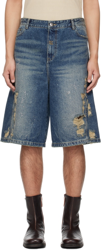Photo: lesugiatelier Blue Crystal Embellished Ripped Denim Shorts