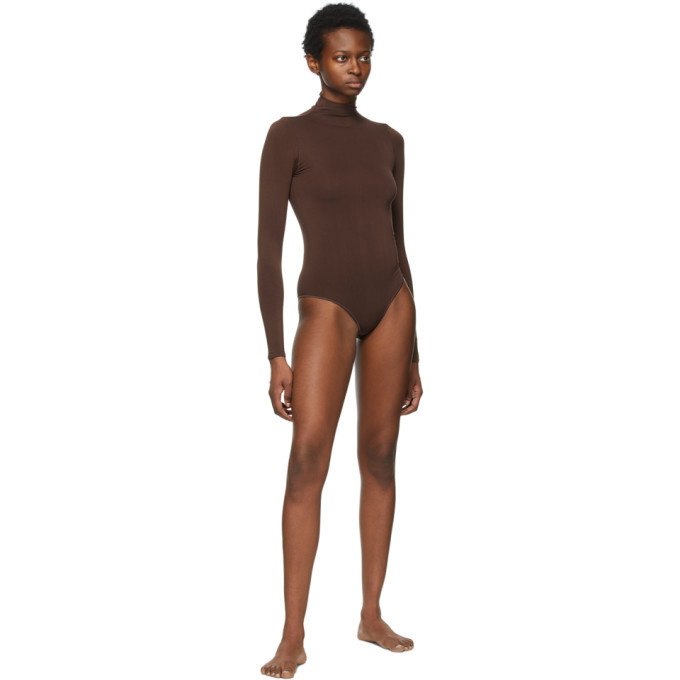 SKIMS Brown Essential Mock Neck Long Sleeve Bodysuit