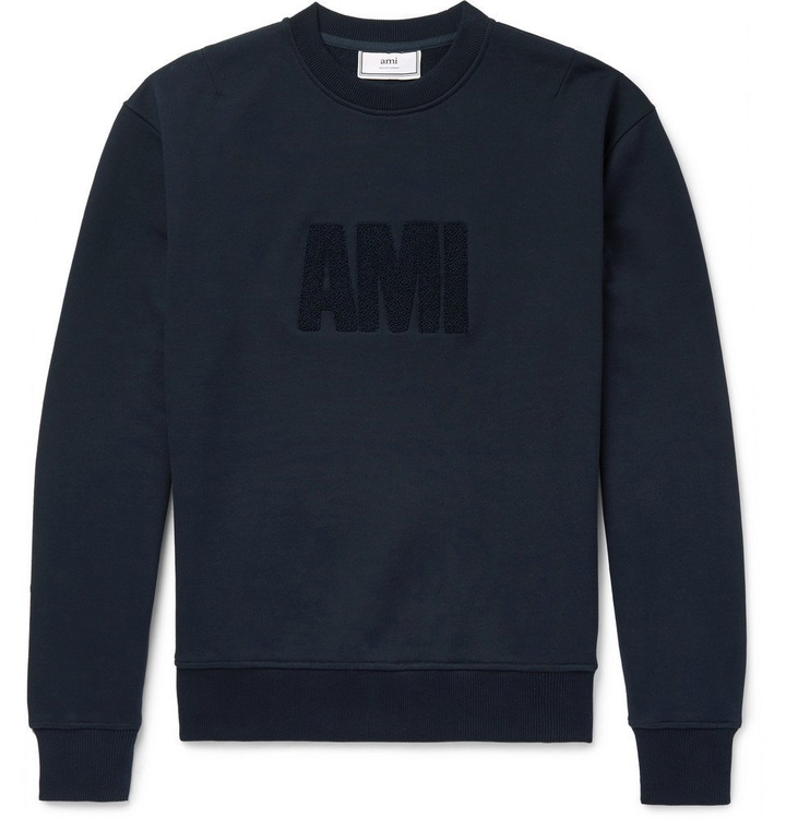 Photo: AMI - Logo-Flocked Fleece-Back Cotton-Jersey Sweatshirt - Men - Navy