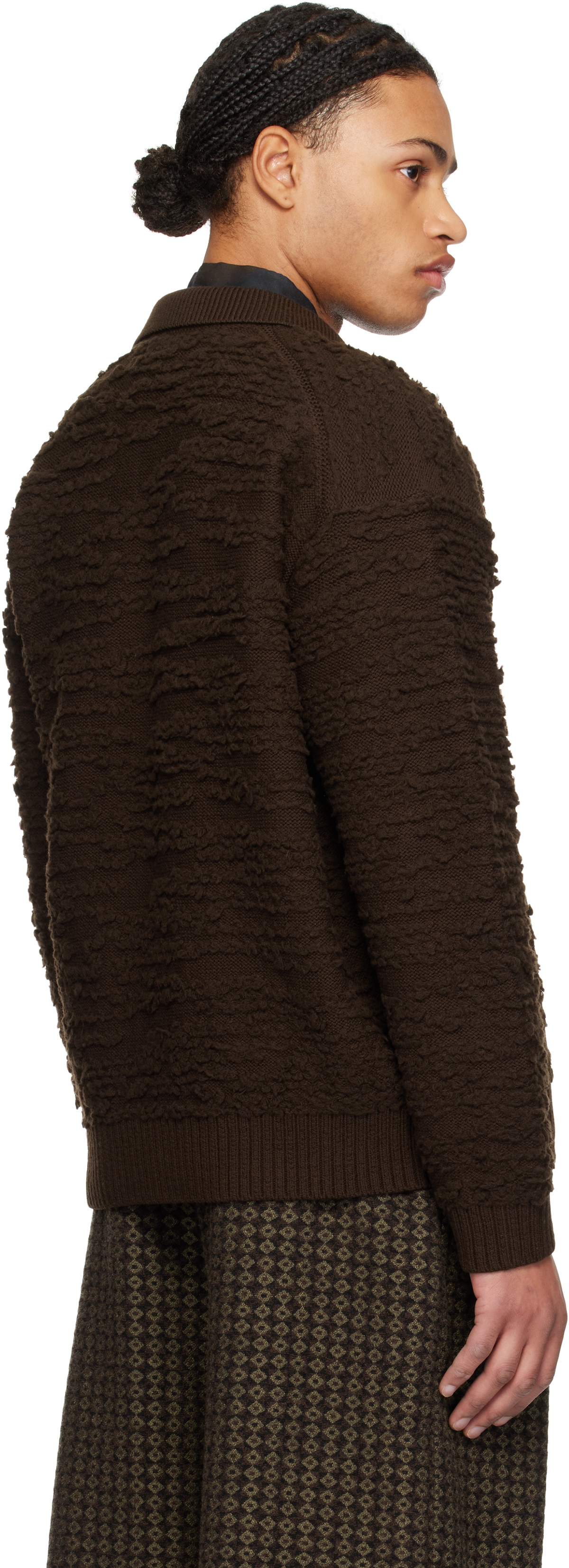 YOKE Brown Random Jacquard Front Zip Cardigan