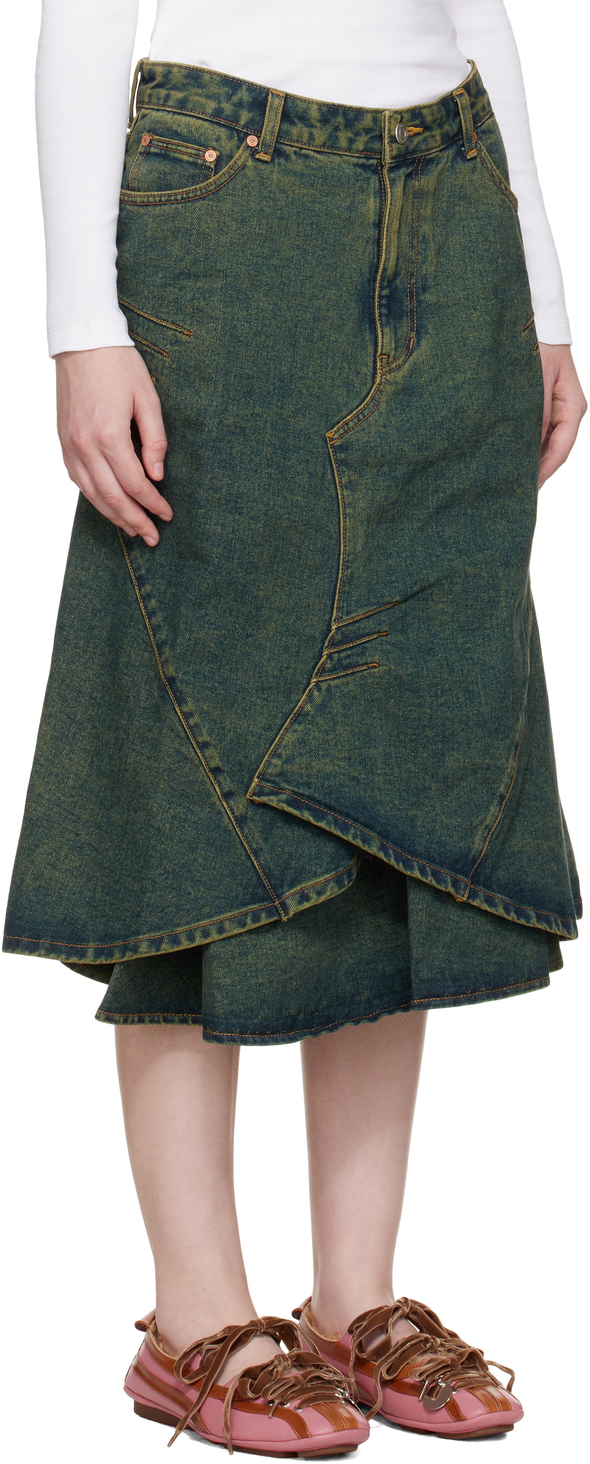Andersson Bell Blue Custom Flare Layered Denim Midi Skirt