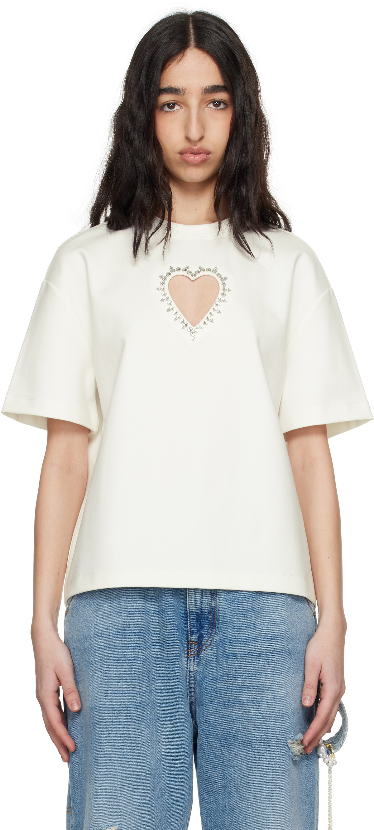 AREA White Crystal Heart Cutout Relaxed T-shirt
