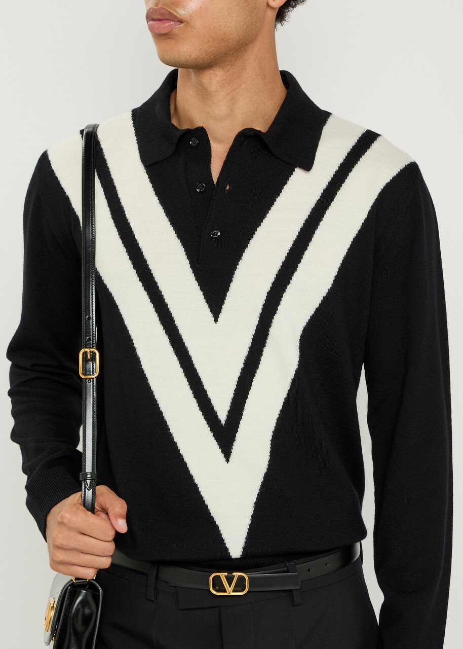 Valentino Garavani Vlogo-intarsia Wool Polo Jumper Black And White