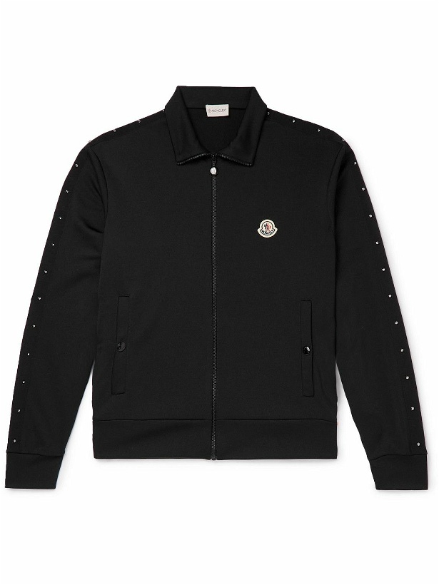 Photo: Moncler - Logo-Appliquéd Studded Grosgrain-Trimmed Jersey Zip-Up Sweatshirt - Black