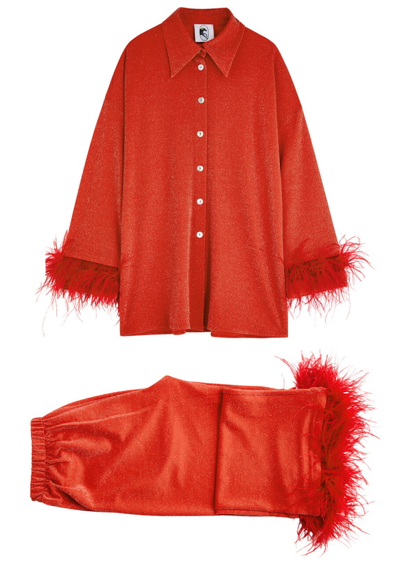 Photo: Sleeper Cosmos Feather-trimmed Metallic Jersey Pyjama set Red