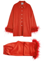 Sleeper Cosmos Feather-trimmed Metallic Jersey Pyjama set Red