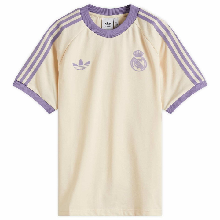 Photo: Adidas Men's Real Madrid CF OG 3 Stripe T-Shirt in Wonder White/Magic Lilac