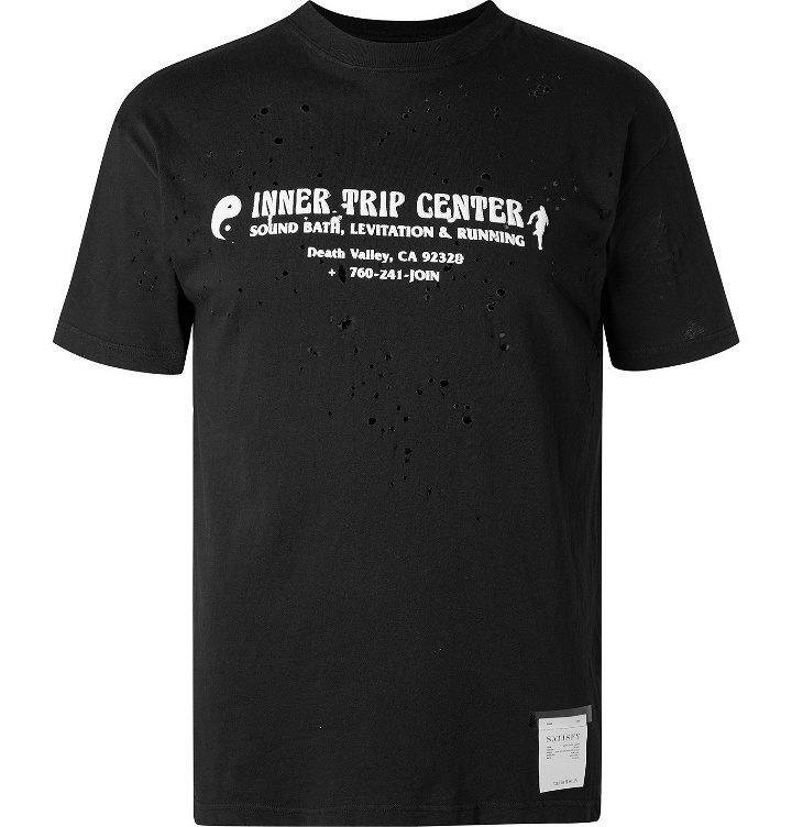 Photo: Satisfy - Distressed Flocked Organic Cotton-Jersey Running T-Shirt - Black
