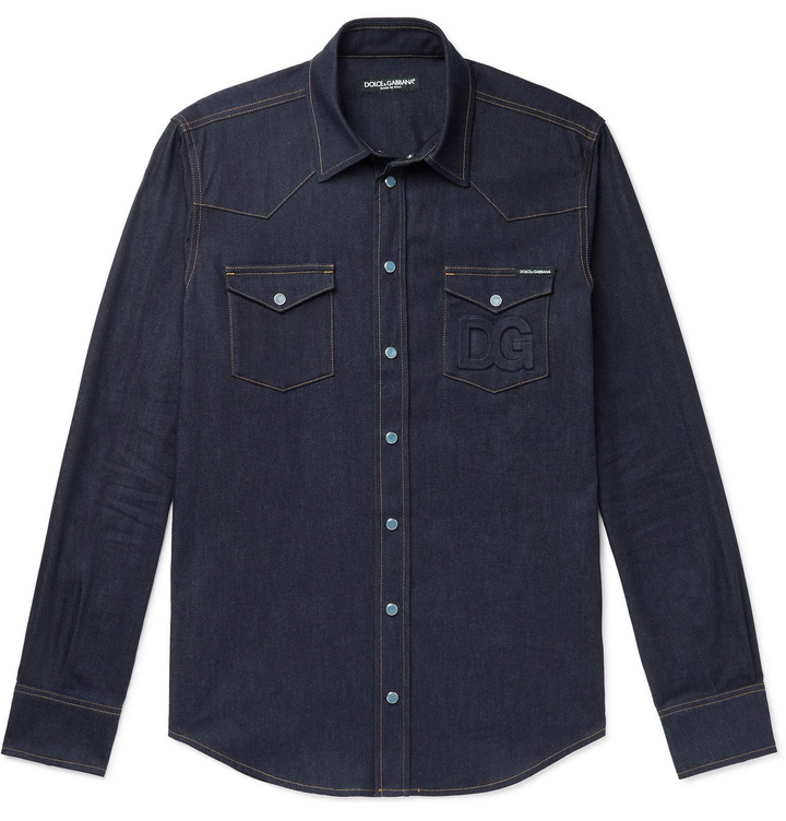 Photo: DOLCE & GABBANA - Logo-Embossed Denim Western Shirt - Blue