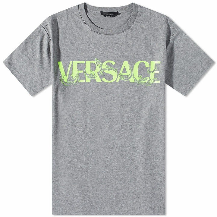Photo: Versace Men's Baroque Text Logo T-Shirt in Medium Grey