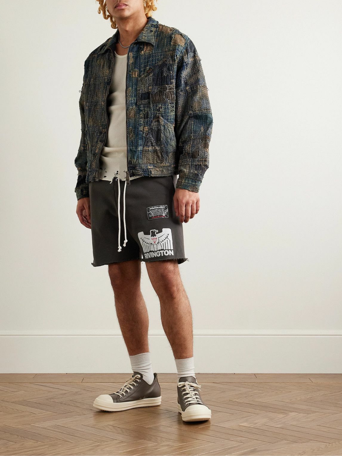 RRR123 - Flag Frayed Logo-Print Cotton-Jersey Shorts - Black