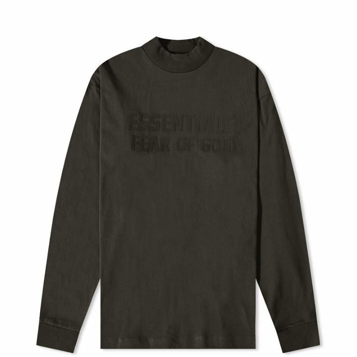 Photo: Fear of God ESSENTIALS Men's Long Sleeve Kids Logo T-Shirt in Off Black