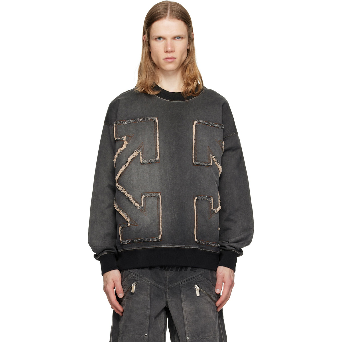 Off-White Gray Distress Arr Skate Crewneck Highlighted Sweatshirt