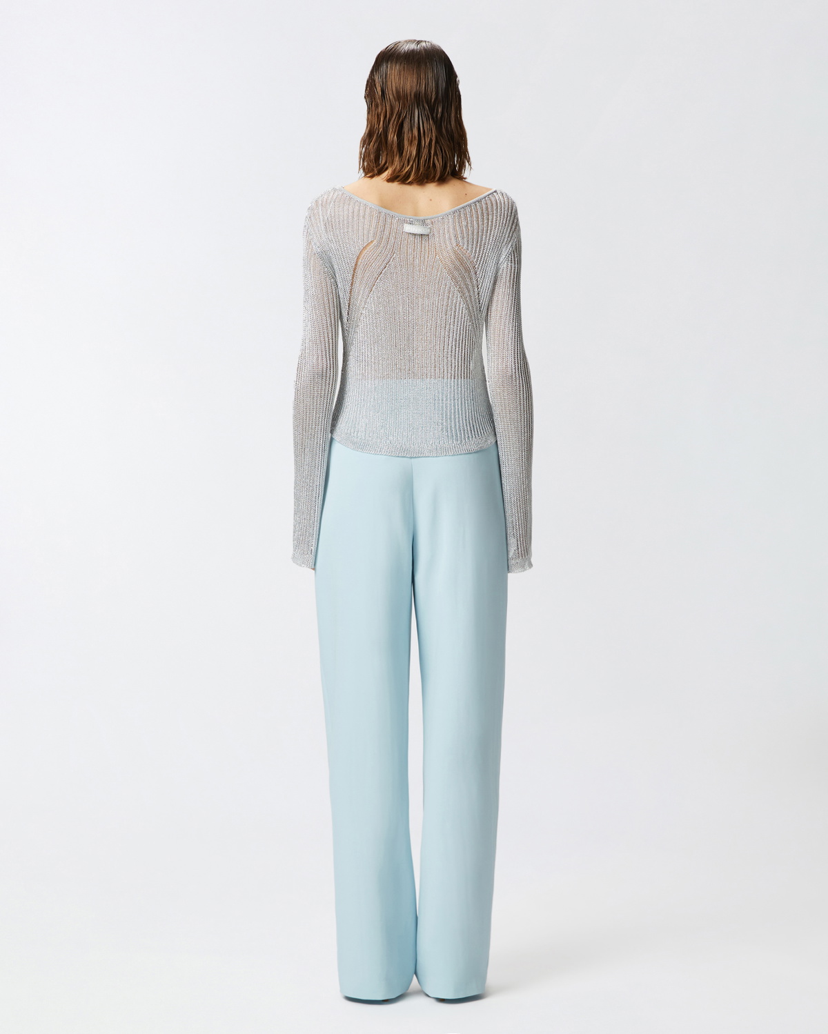 Pinko Metallic Transparent Sweater With Wide Neckline Pearl Grey